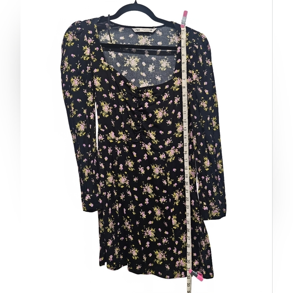 00107 Zara Floral Print Lavender Rose Mini Black Purple Long Sleeve Dress Medium - Picture 6 of 15